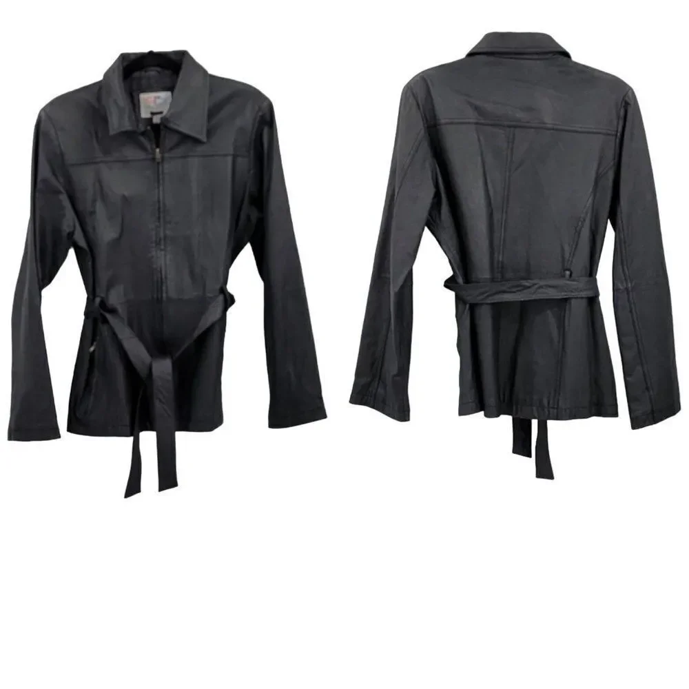 Vintage 80's PB‎ Martin Leather Jacket Moto Baddie Belted Collar Zip Up Black S